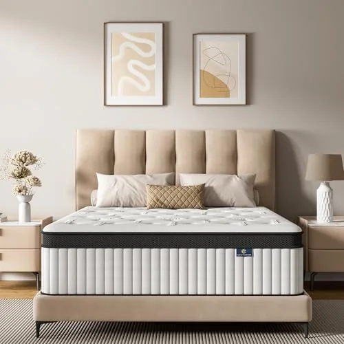CEMTIP Queen hybrid mattress on a bed frame in a bedroom